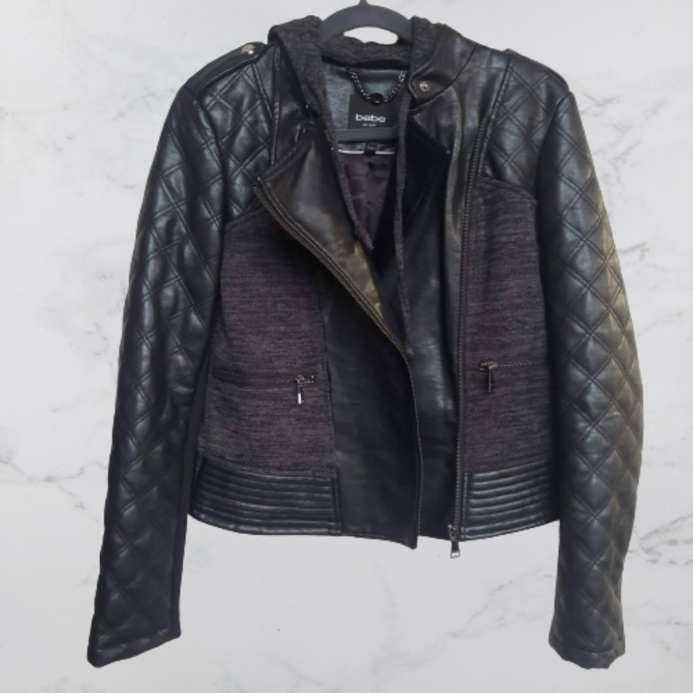 Bebe Brand Faux Leather & Fleece Biker Jacket with Hoodie